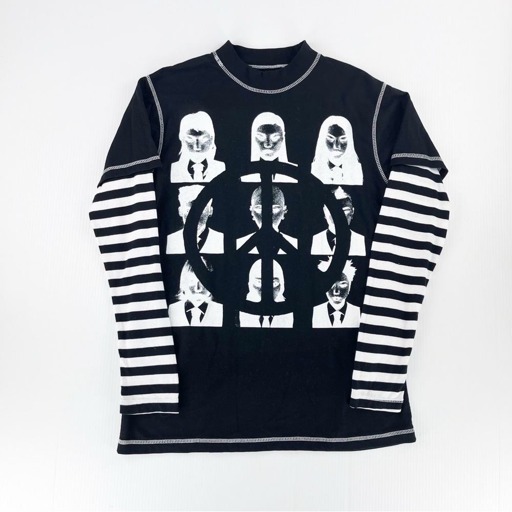 Works of Madness Black Striped Long Sleeve Peace Sign Graphic Shirt Top